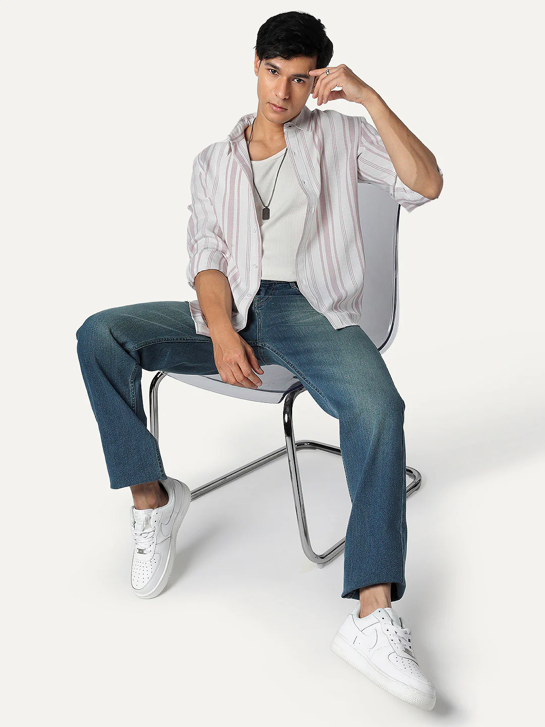 Men's Lilac Cotton Full Sleeve Relaxed Fit Linen Striped Shirt with Spread Collar - Image 5
