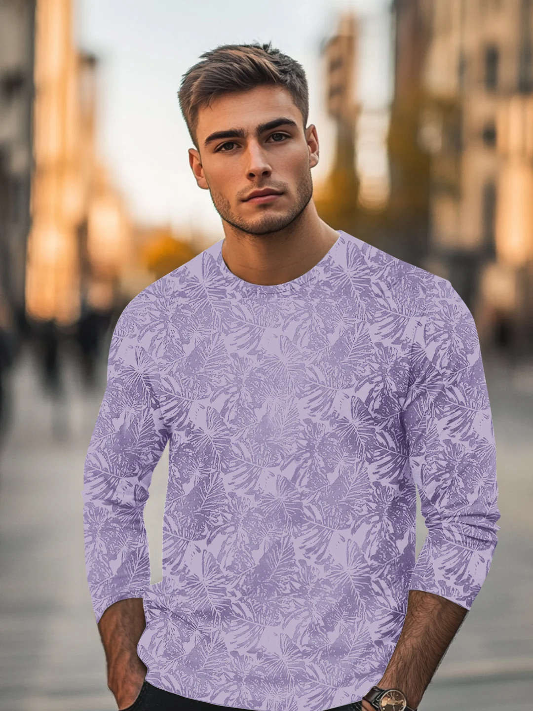 Men's Lilac Printed Full Sleeve Slim Fit Cotton T-Shirt