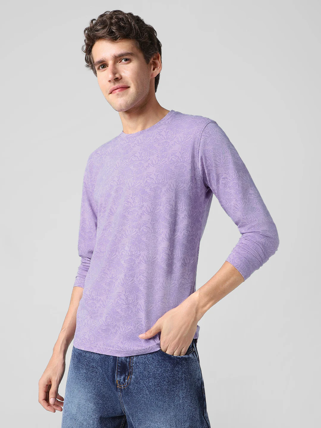 Men's Lilac Printed Full Sleeve Slim Fit Cotton T-Shirt - Image 2
