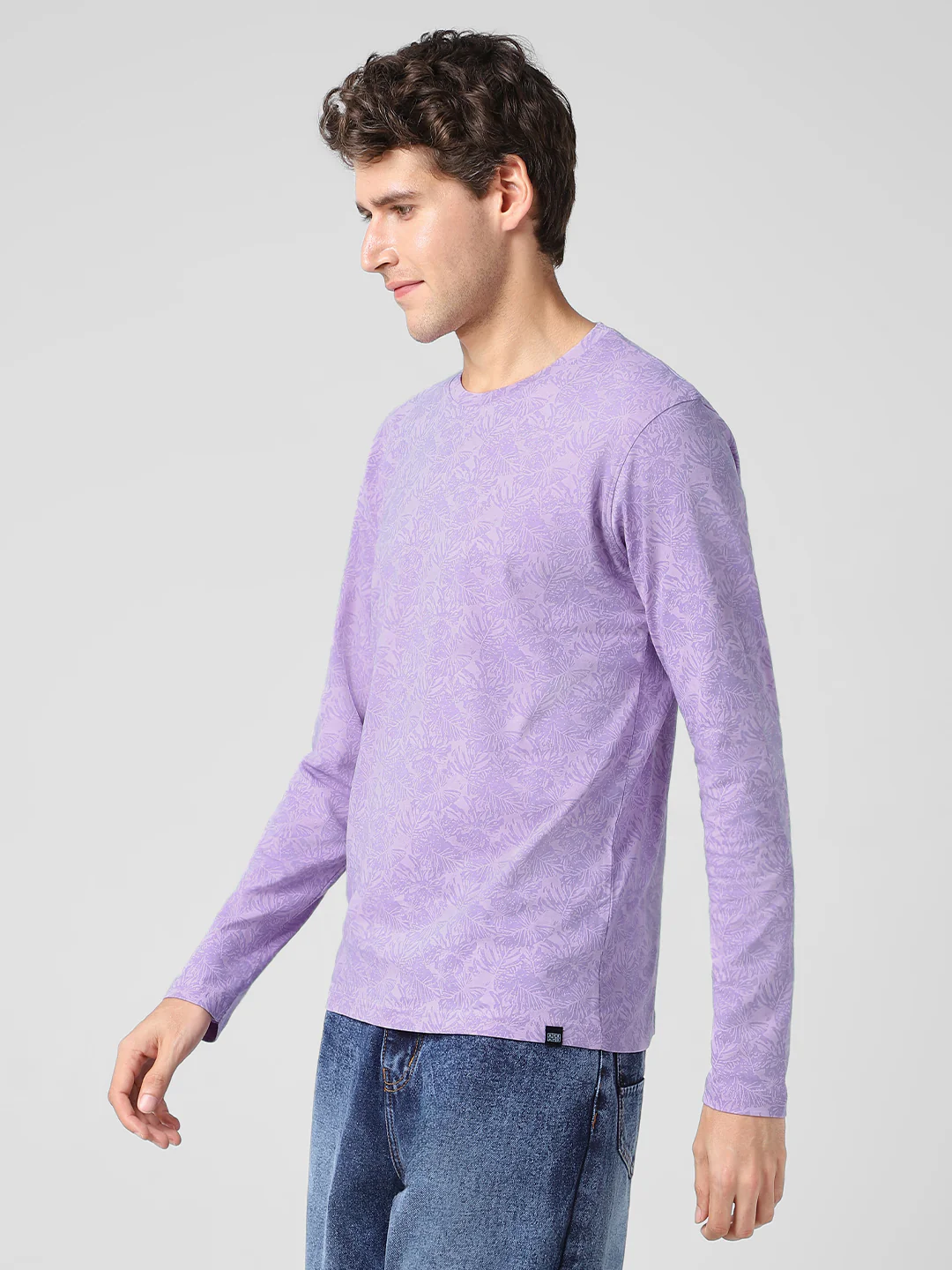Men's Lilac Printed Full Sleeve Slim Fit Cotton T-Shirt - Image 3