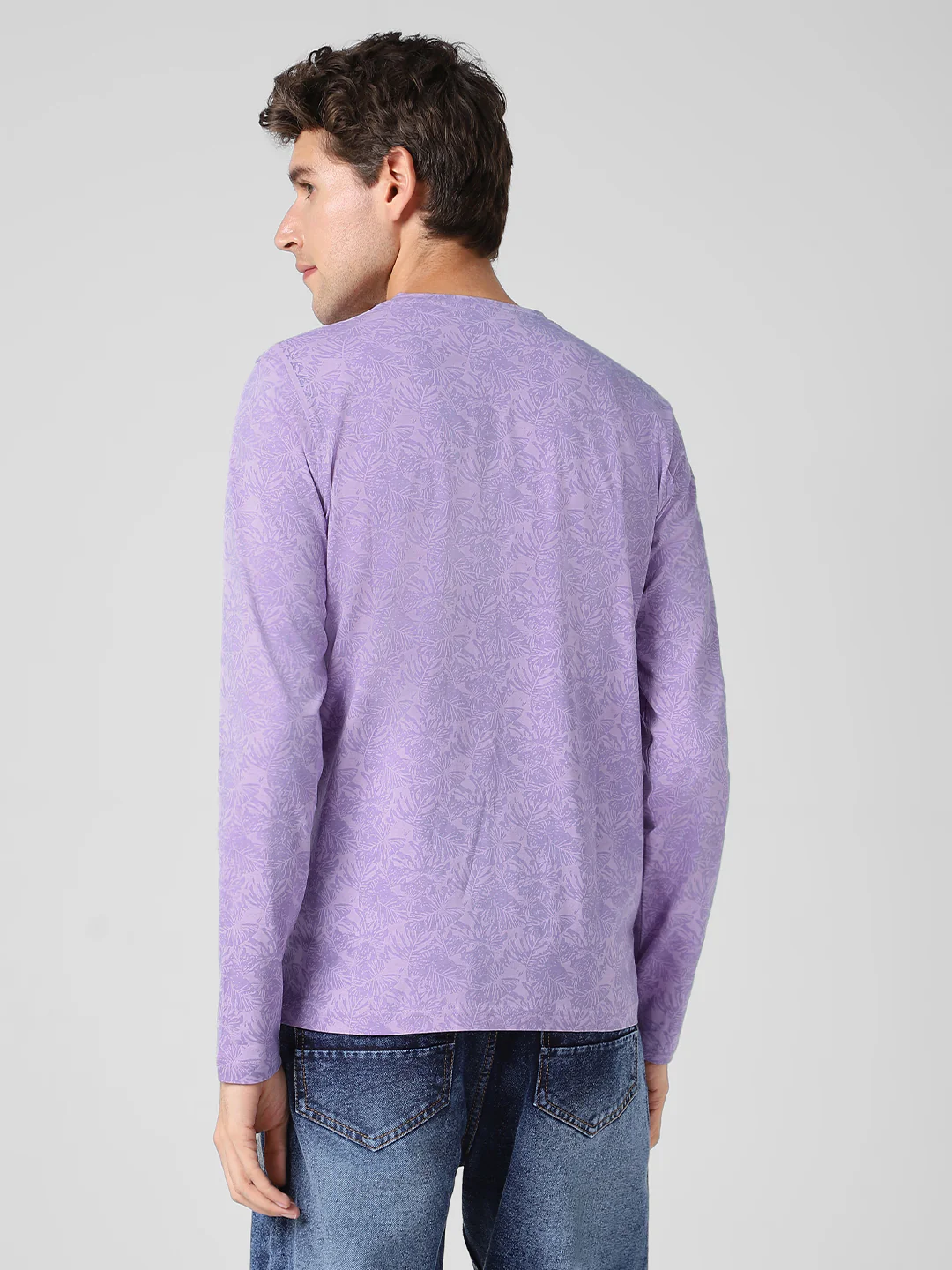 Men's Lilac Printed Full Sleeve Slim Fit Cotton T-Shirt - Image 4