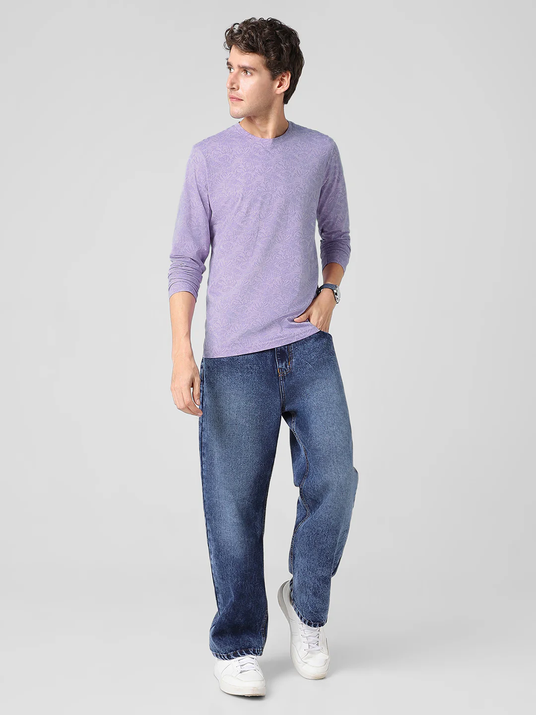 Men's Lilac Printed Full Sleeve Slim Fit Cotton T-Shirt - Image 5