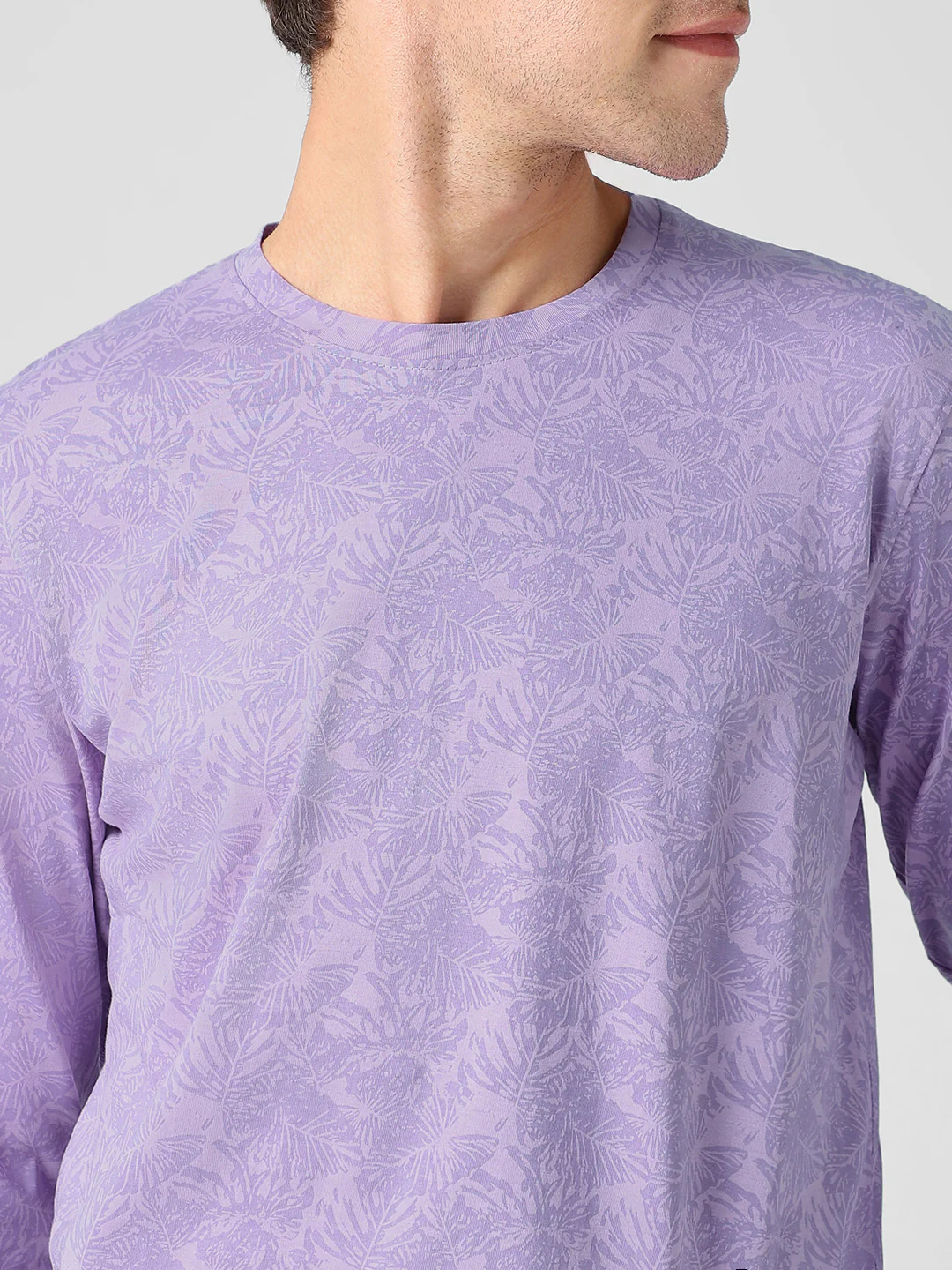Men's Lilac Printed Full Sleeve Slim Fit Cotton T-Shirt - Image 6