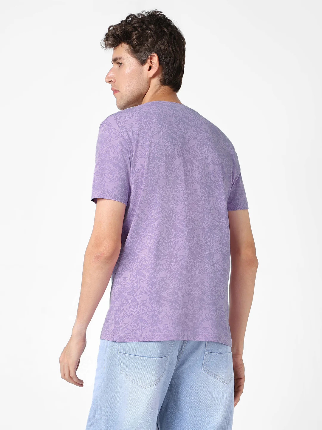 Men's Lilac Printed Half Sleeve Slim Fit Cotton T-Shirt - Image 4