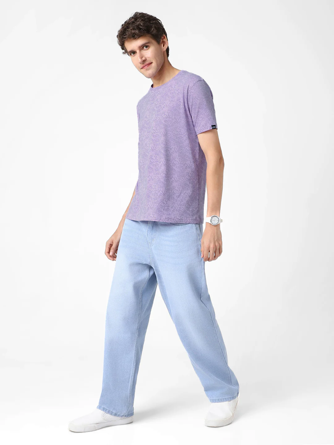 Men's Lilac Printed Half Sleeve Slim Fit Cotton T-Shirt - Image 5
