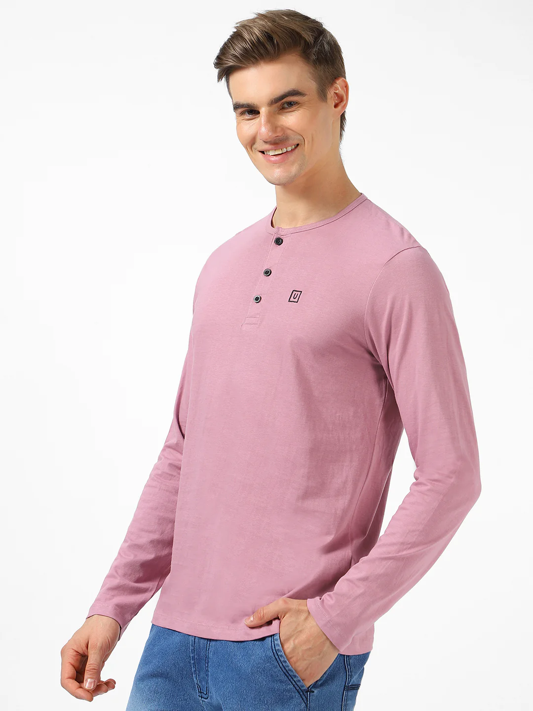 Men's Lilac Solid Henley Neck Slim Fit Full Sleeve Cotton T-Shirt - Image 3