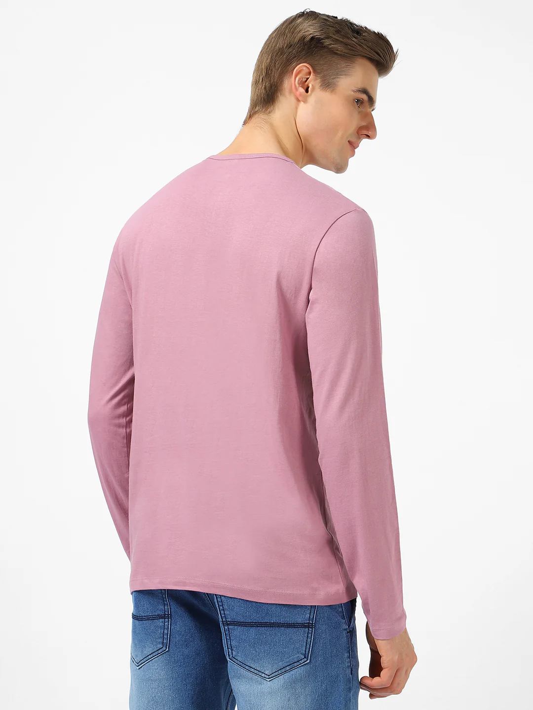 Men's Lilac Solid Henley Neck Slim Fit Full Sleeve Cotton T-Shirt - Image 4