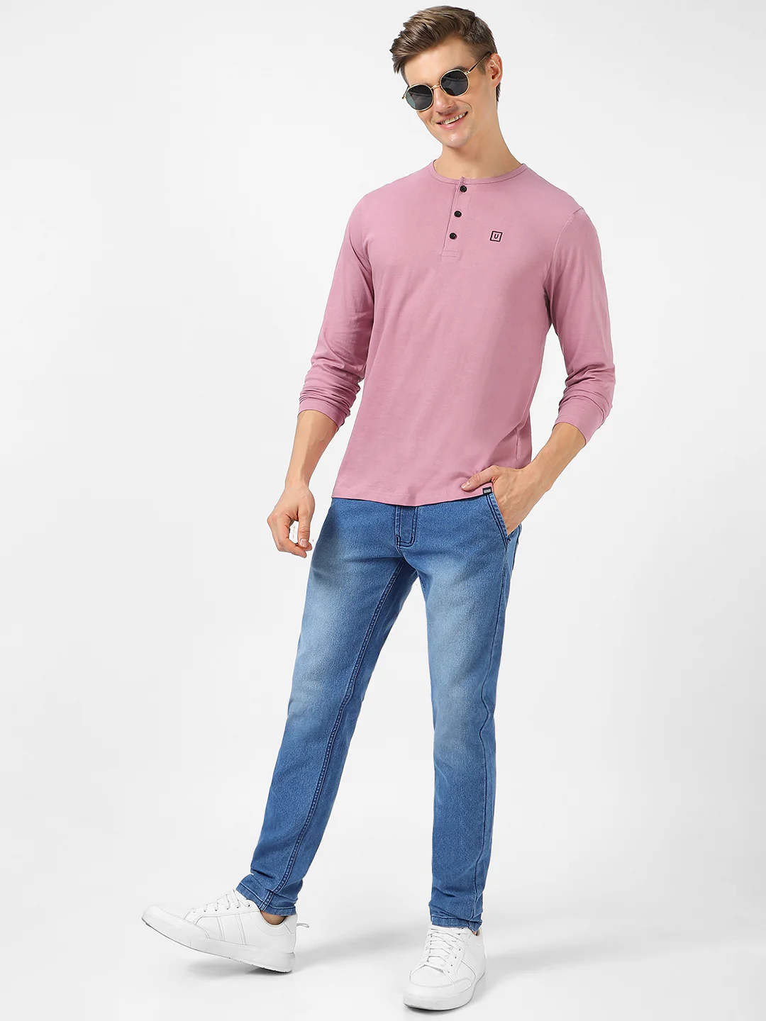 Men's Lilac Solid Henley Neck Slim Fit Full Sleeve Cotton T-Shirt - Image 5