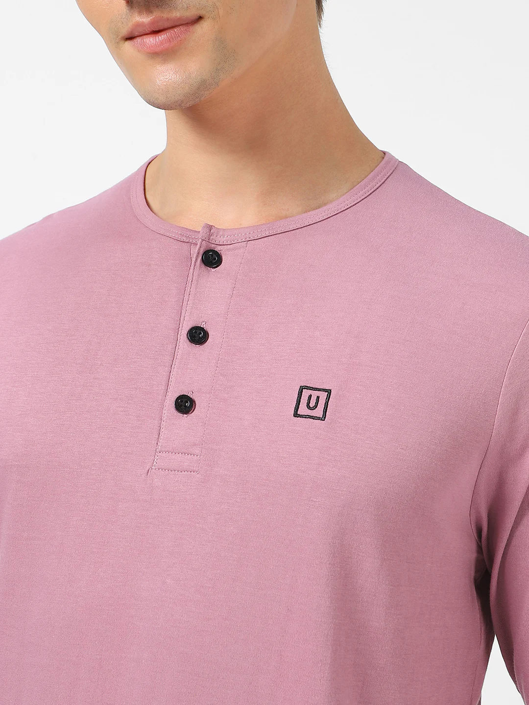 Men's Lilac Solid Henley Neck Slim Fit Full Sleeve Cotton T-Shirt - Image 6