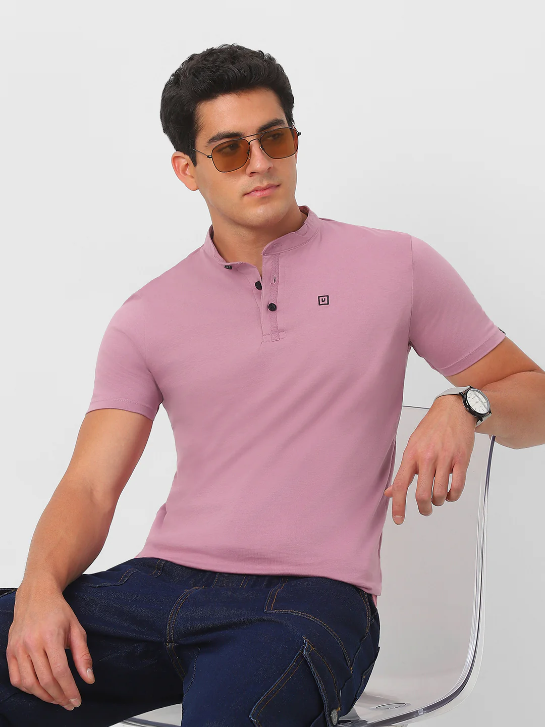 Men's Lilac Solid Mandarin Collar Slim Fit Half Sleeve Cotton T-Shirt