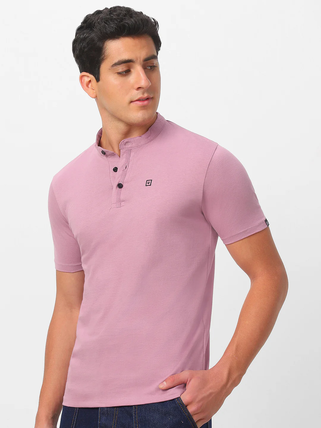 Men's Lilac Solid Mandarin Collar Slim Fit Half Sleeve Cotton T-Shirt - Image 2
