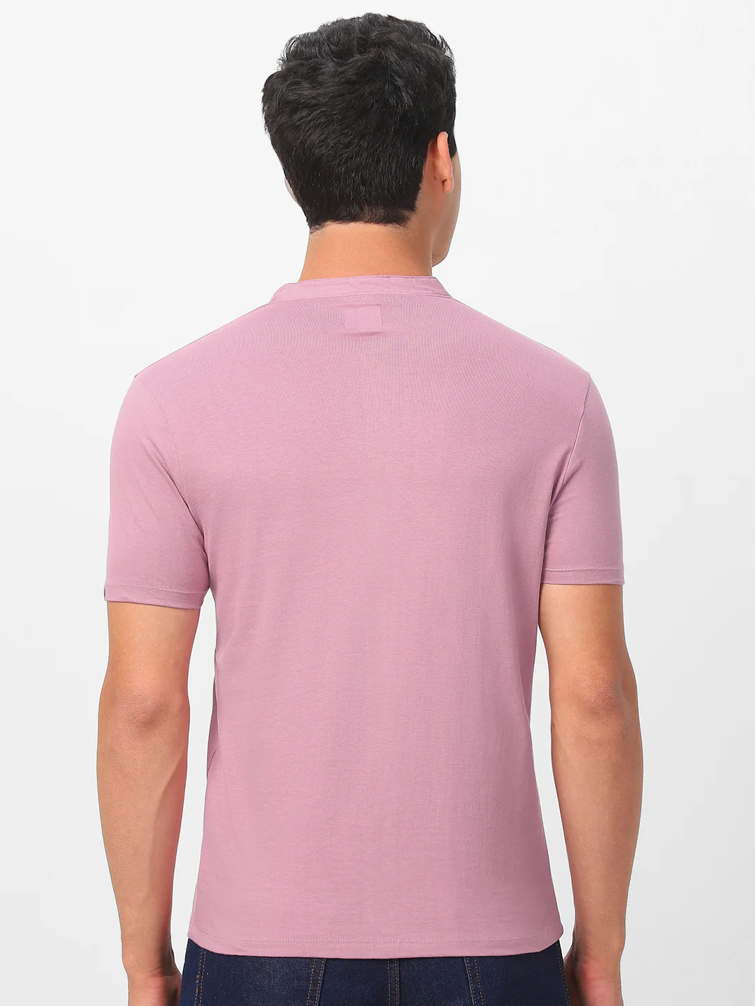 Men's Lilac Solid Mandarin Collar Slim Fit Half Sleeve Cotton T-Shirt - Image 3