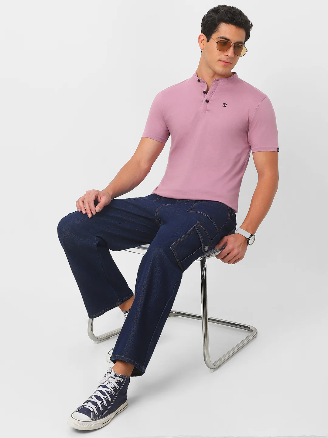 Men's Lilac Solid Mandarin Collar Slim Fit Half Sleeve Cotton T-Shirt - Image 4
