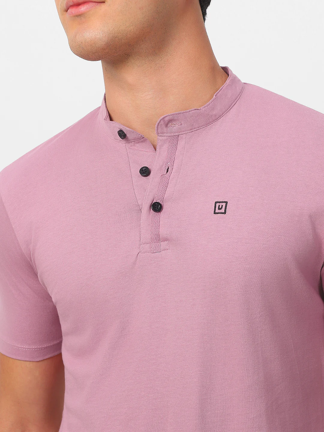 Men's Lilac Solid Mandarin Collar Slim Fit Half Sleeve Cotton T-Shirt - Image 5