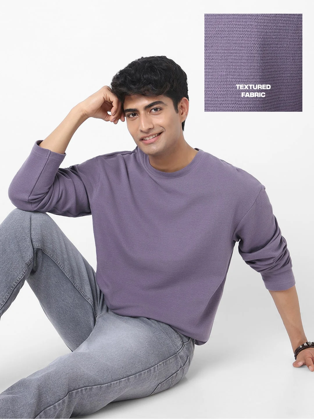 Men's Lilac Textured Round Neck Oversized Full Sleeve Cotton T-Shirt - Image 2