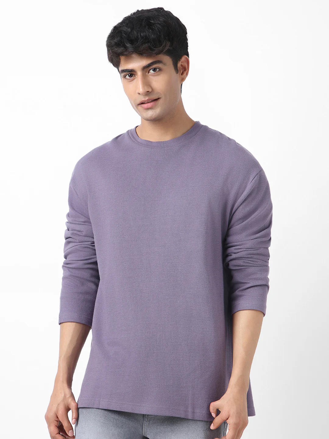 Men's Lilac Textured Round Neck Oversized Full Sleeve Cotton T-Shirt - Image 3