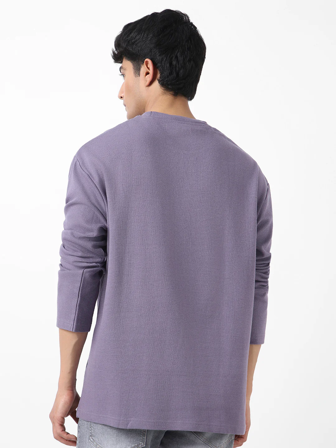 Men's Lilac Textured Round Neck Oversized Full Sleeve Cotton T-Shirt - Image 5