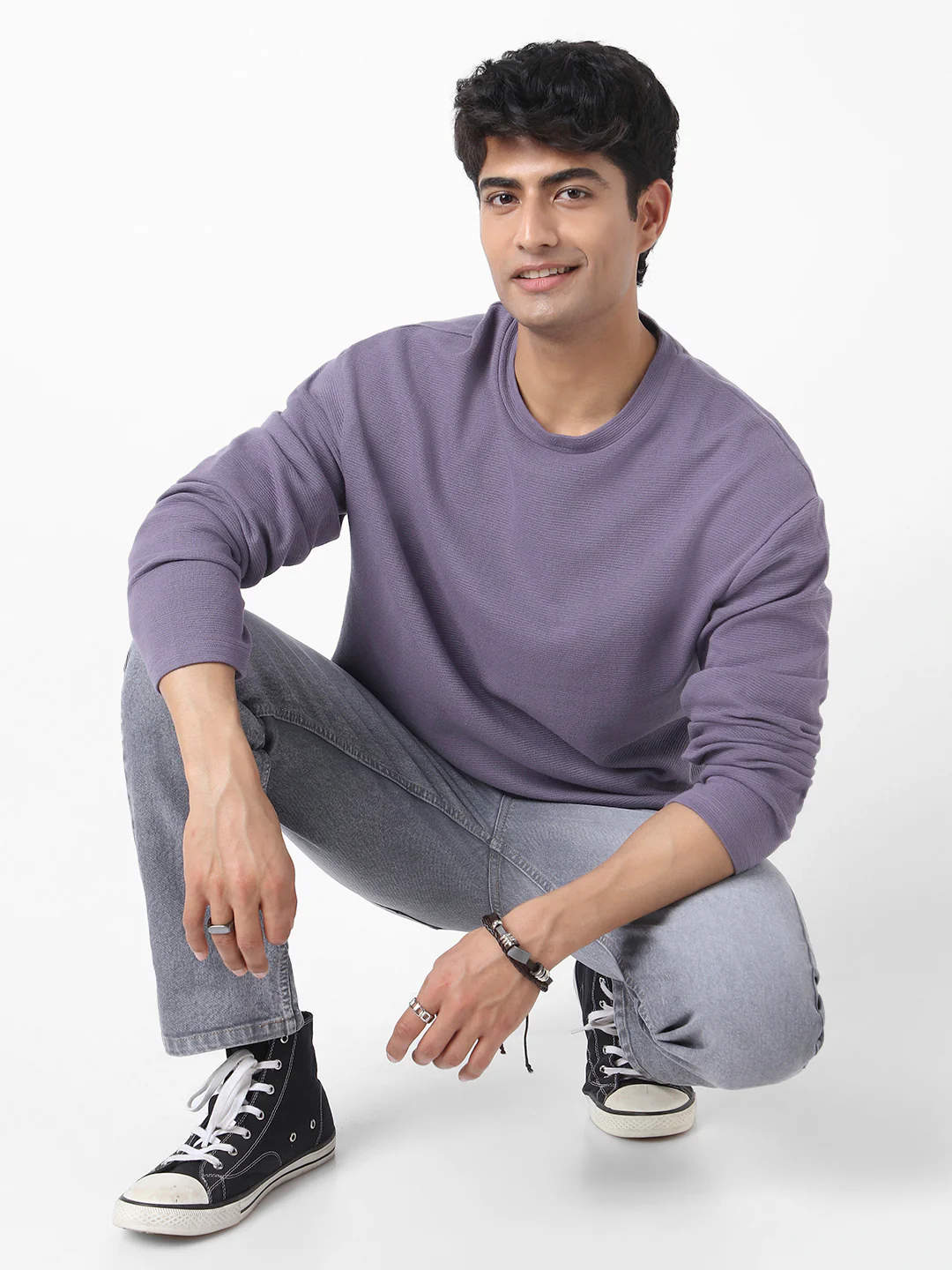 Men's Lilac Textured Round Neck Oversized Full Sleeve Cotton T-Shirt - Image 6