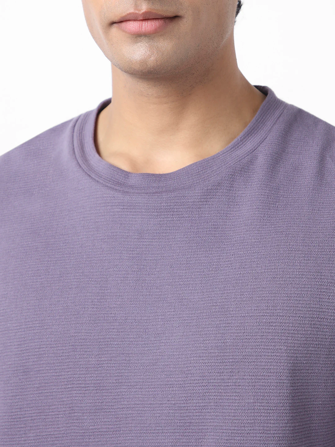 Men's Lilac Textured Round Neck Oversized Full Sleeve Cotton T-Shirt - Image 7