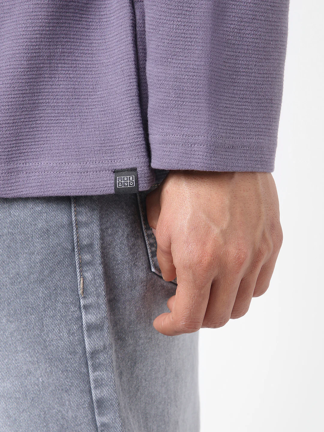 Men's Lilac Textured Round Neck Oversized Full Sleeve Cotton T-Shirt - Image 8
