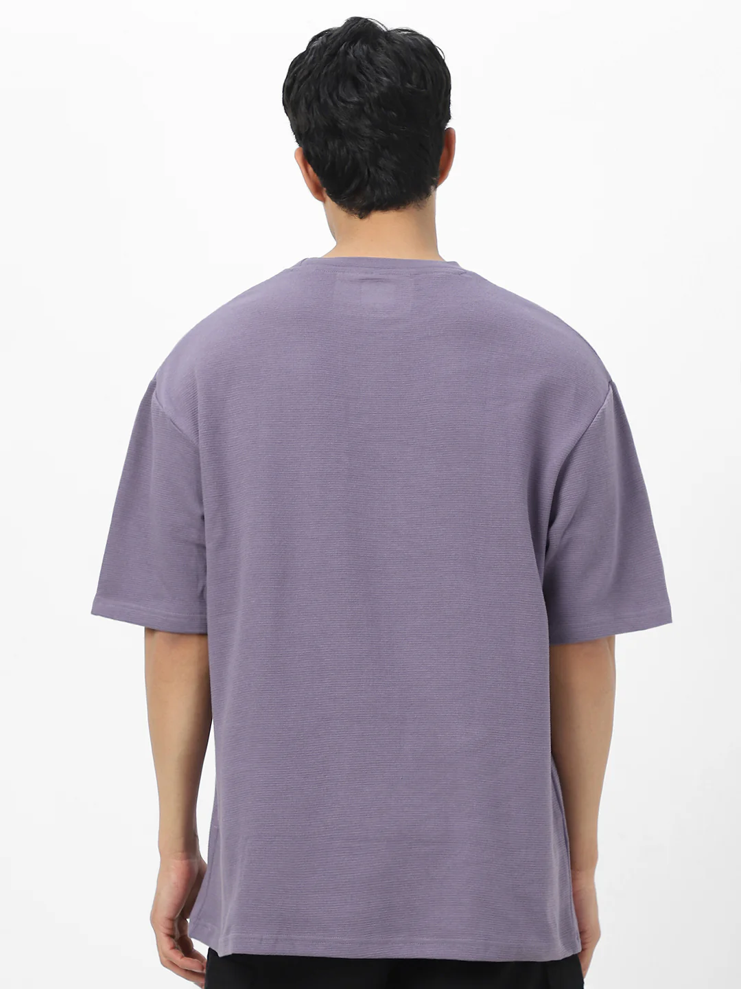 Men's Lilac Textured Round Neck Oversized Half Sleeve Cotton T-Shirt - Image 5
