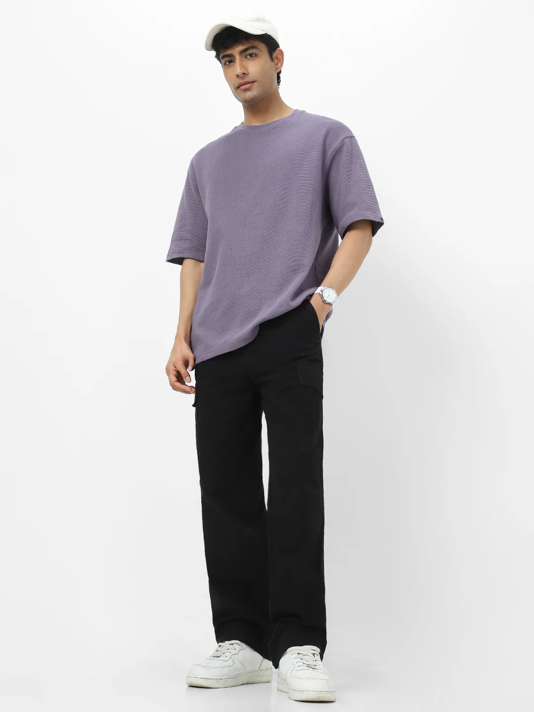 Men's Lilac Textured Round Neck Oversized Half Sleeve Cotton T-Shirt - Image 6