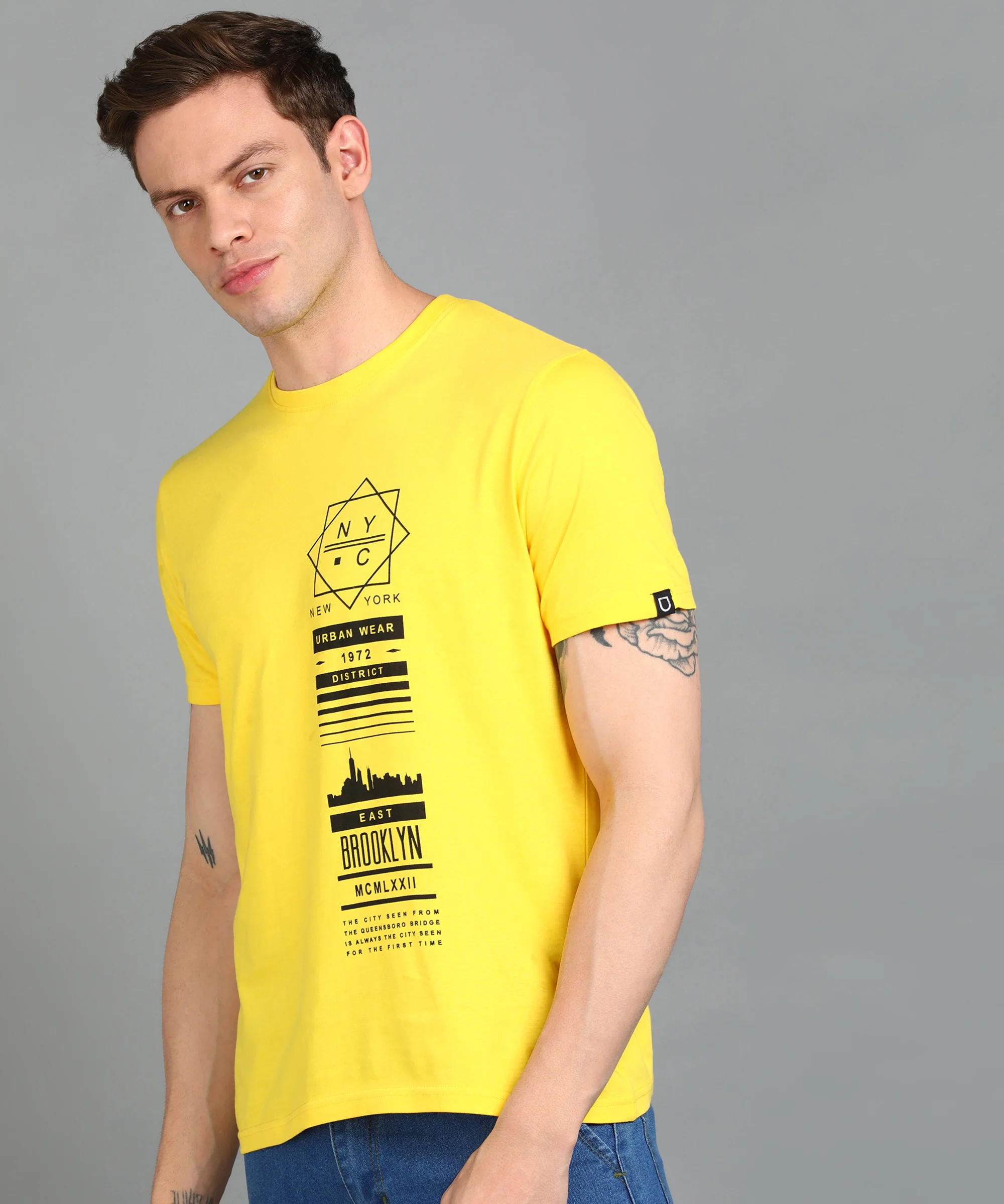 Urbano Fashion Men's Lime Yellow Graphic Printed Round Neck Half Sleeve Slim Fit Cotton T-Shirt - Image 2