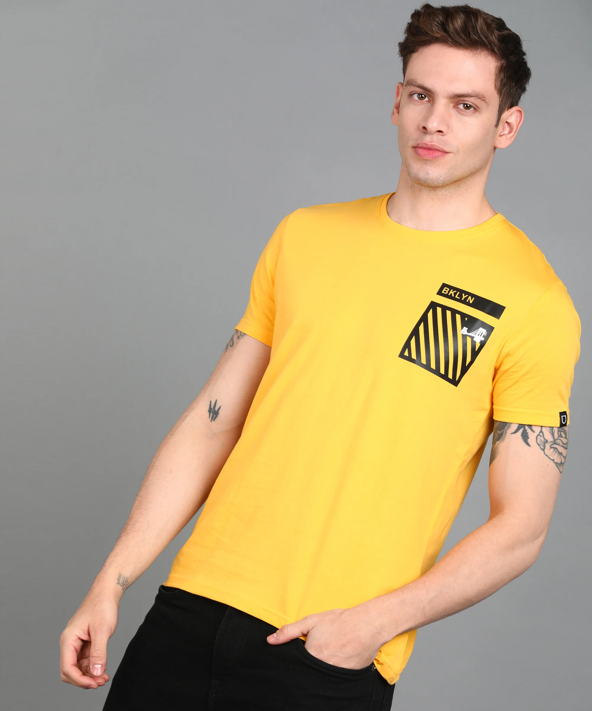 Urbano Fashion Men's Lime Yellow Graphic Printed Round Neck Half Sleeve Slim Fit Cotton T-Shirt - Image 2