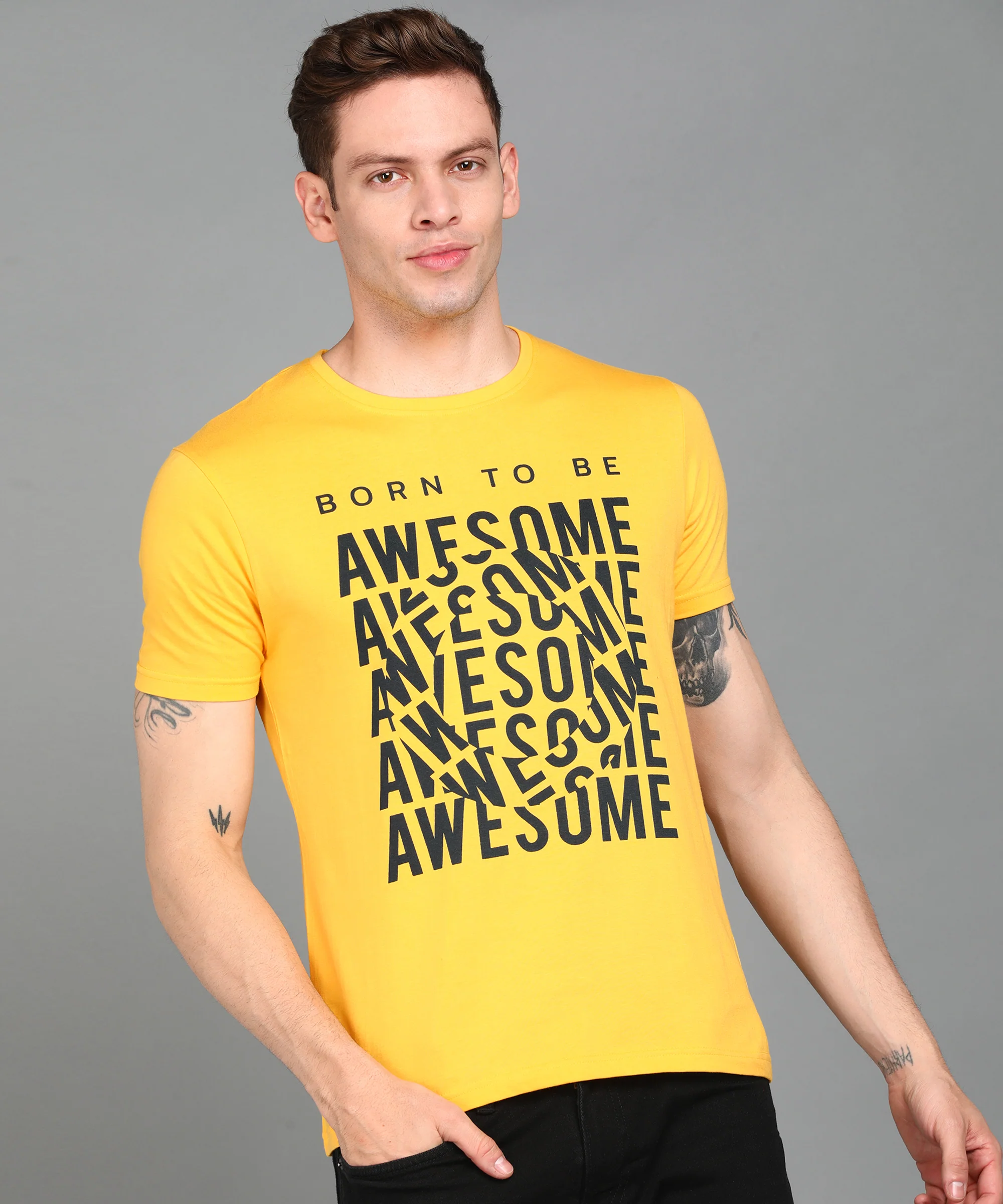 Urbano Fashion Men's Lime Yellow Graphic Printed Round Neck Half Sleeve Slim Fit Cotton T-Shirt - Image 2