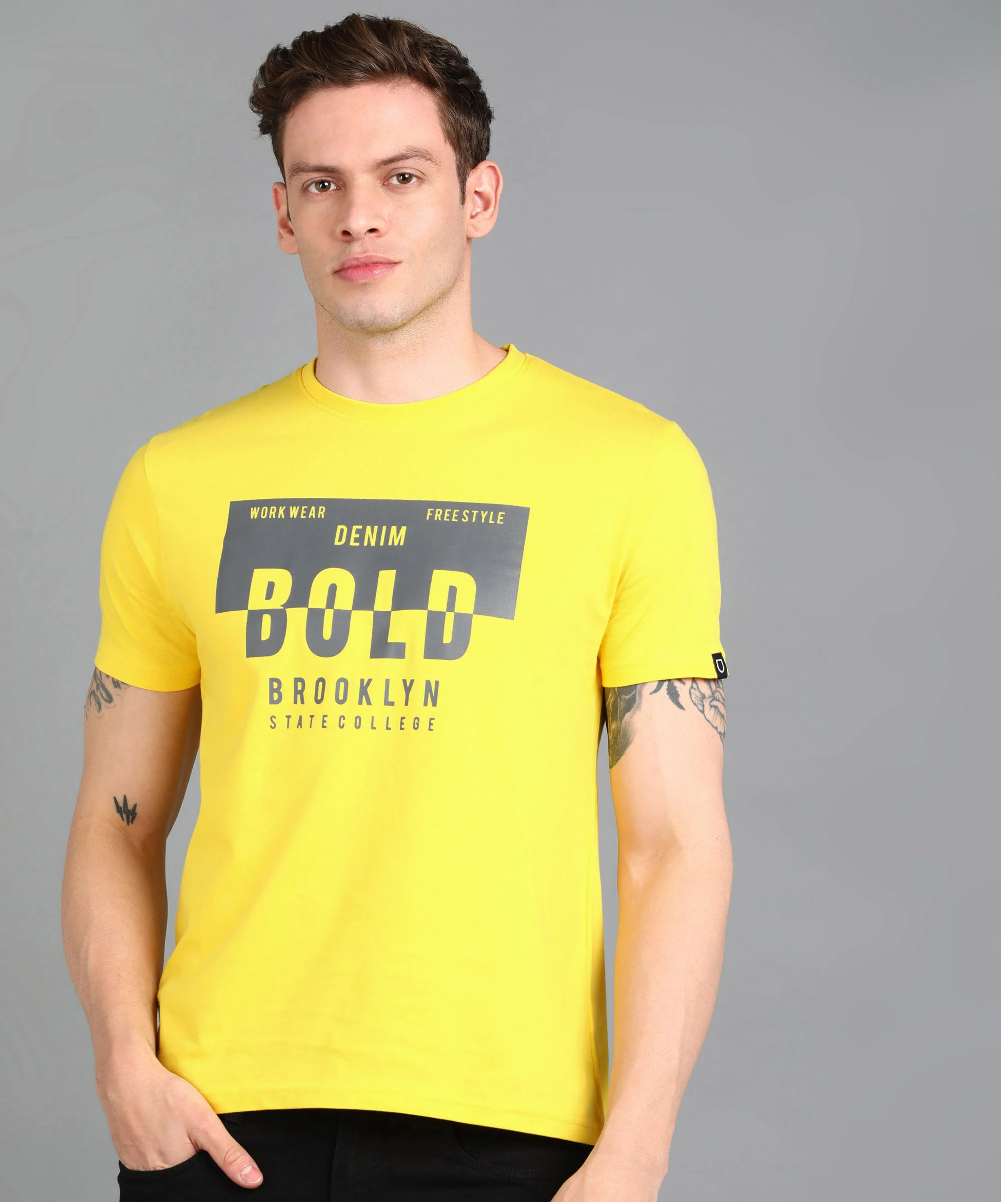 Urbano Fashion Men's Lime Yellow Graphic Printed Round Neck Half Sleeve Slim Fit Cotton T-Shirt