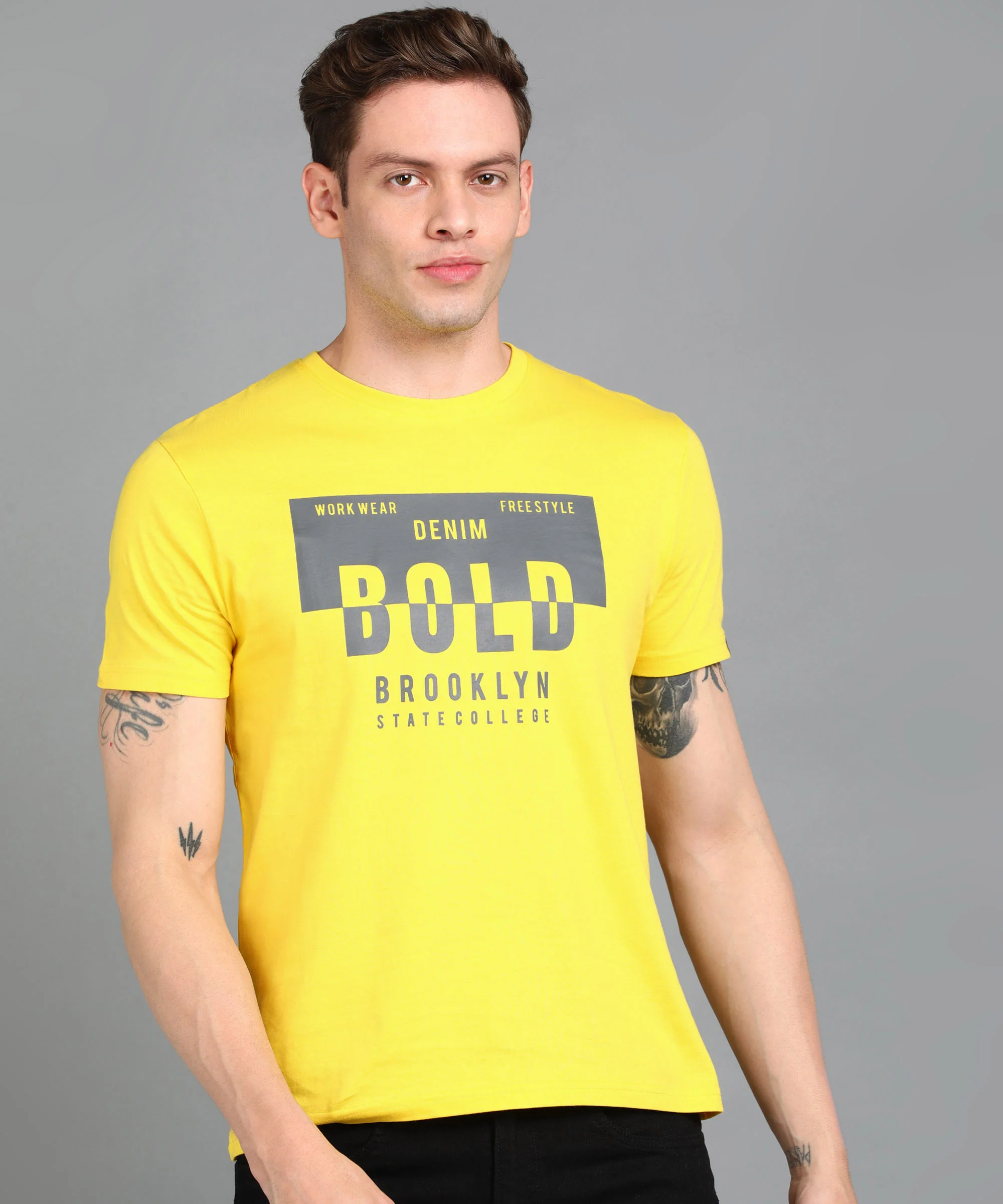 Urbano Fashion Men's Lime Yellow Graphic Printed Round Neck Half Sleeve Slim Fit Cotton T-Shirt - Image 2
