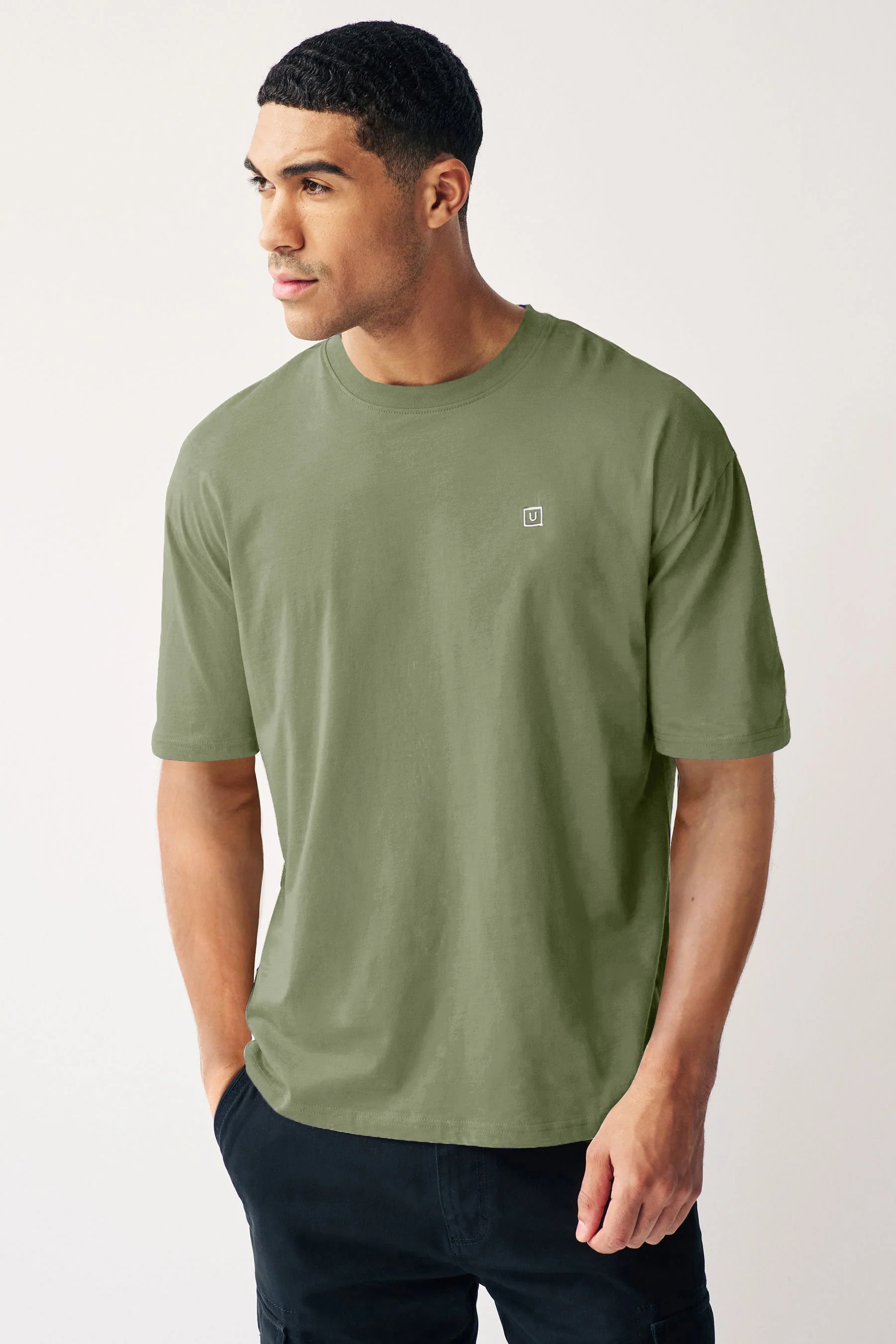 Men's Lint Green Solid Round Neck Oversized Half Sleeve Cotton T-Shirt - Image 2