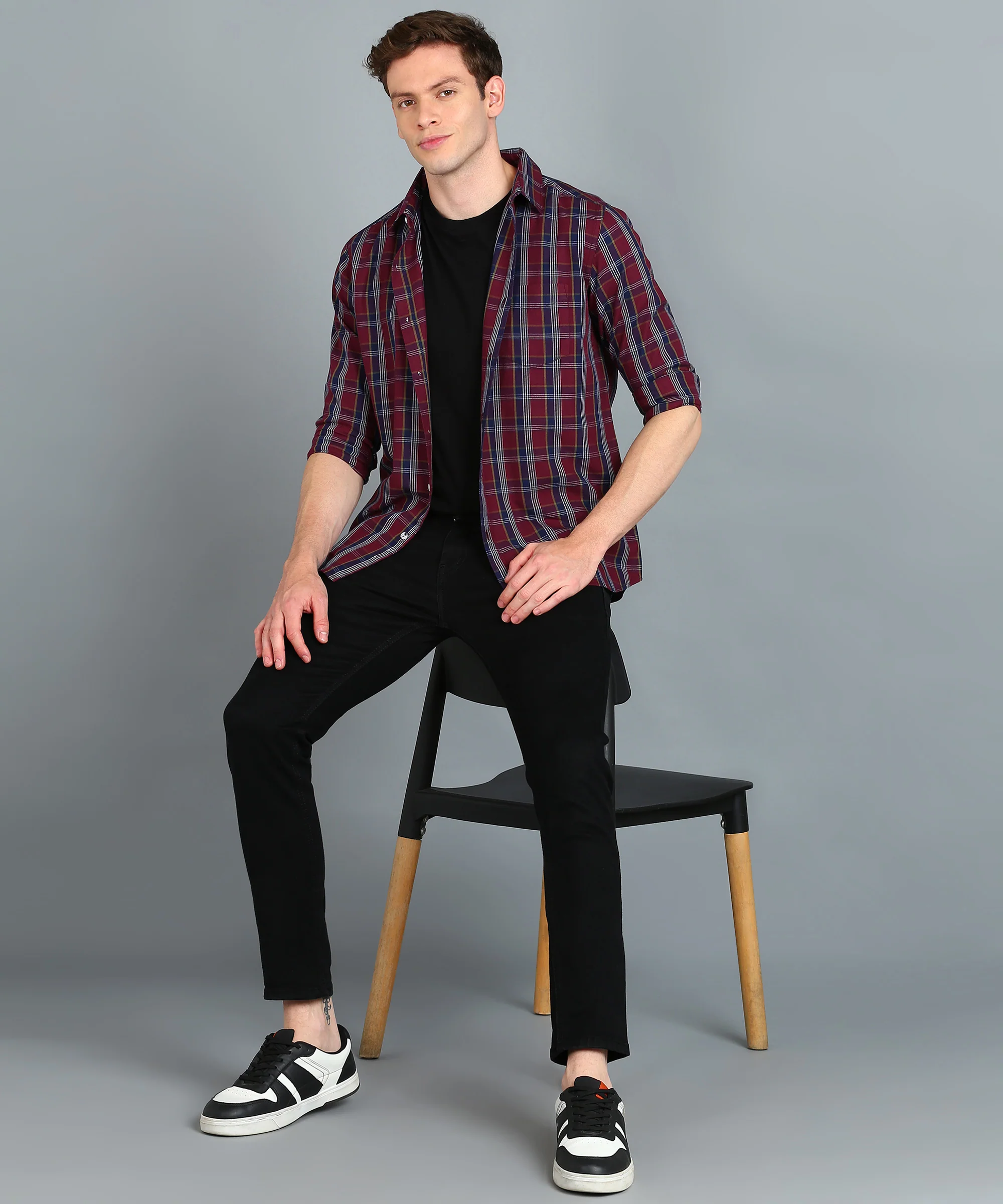 Men's Maroon, Blue Cotton Full Sleeve Slim Fit Casual Checkered Shirt - Image 4