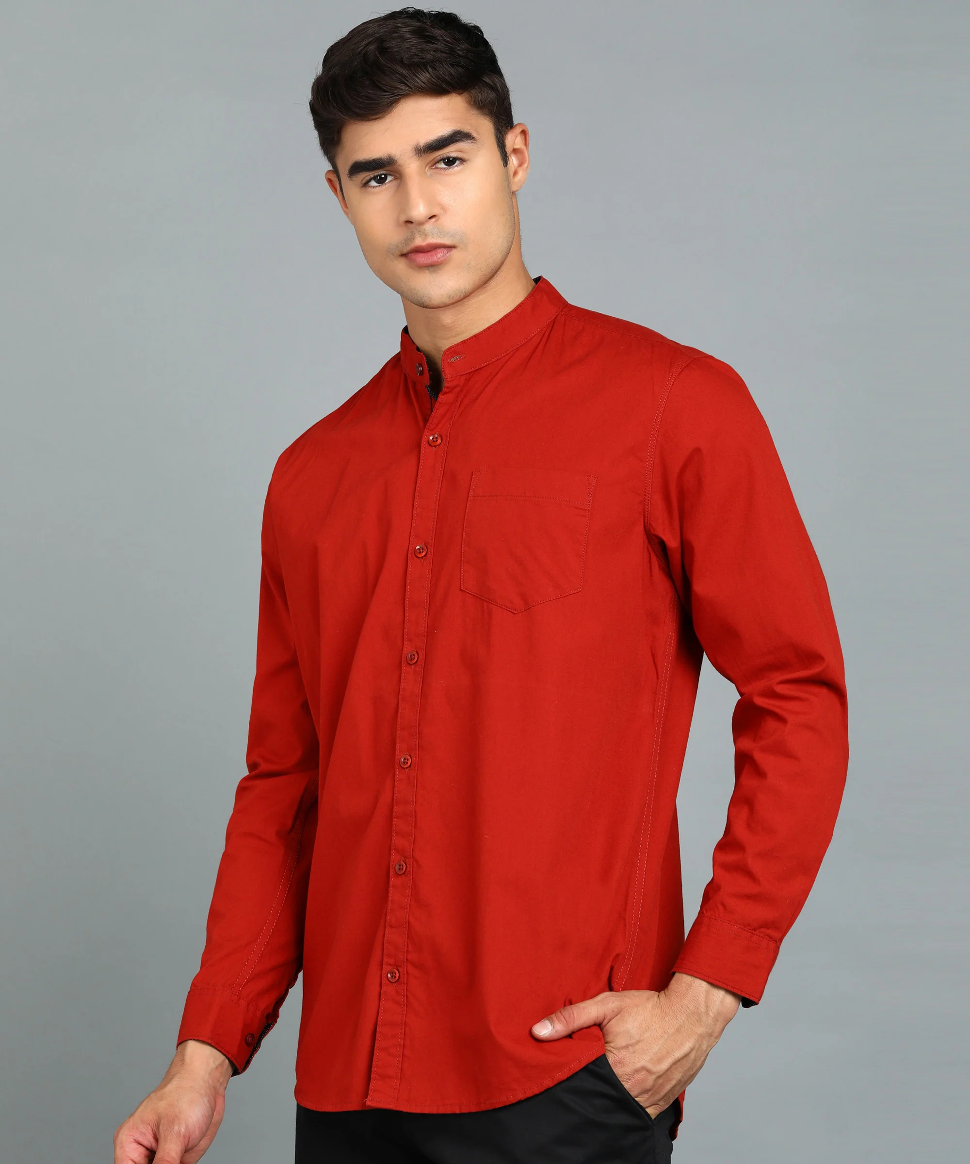 Men's Maroon Blue Cotton Full Sleeve Slim Fit Solid Shirt with Mandarin Collar - Image 2