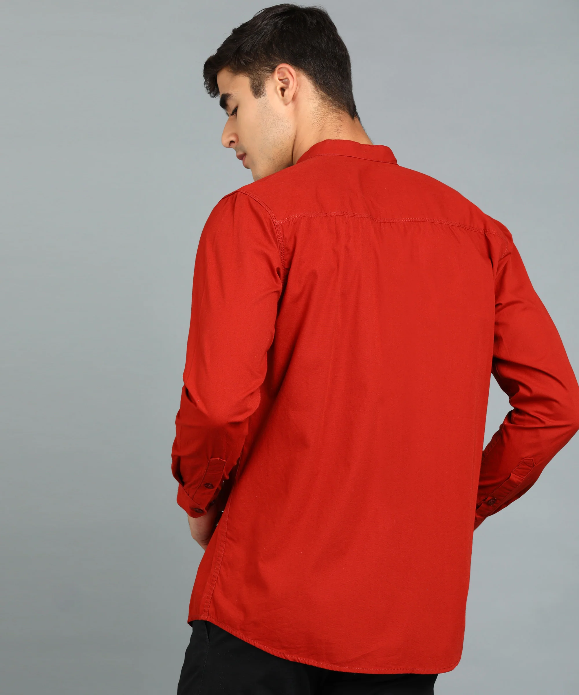 Men's Maroon Blue Cotton Full Sleeve Slim Fit Solid Shirt with Mandarin Collar - Image 3