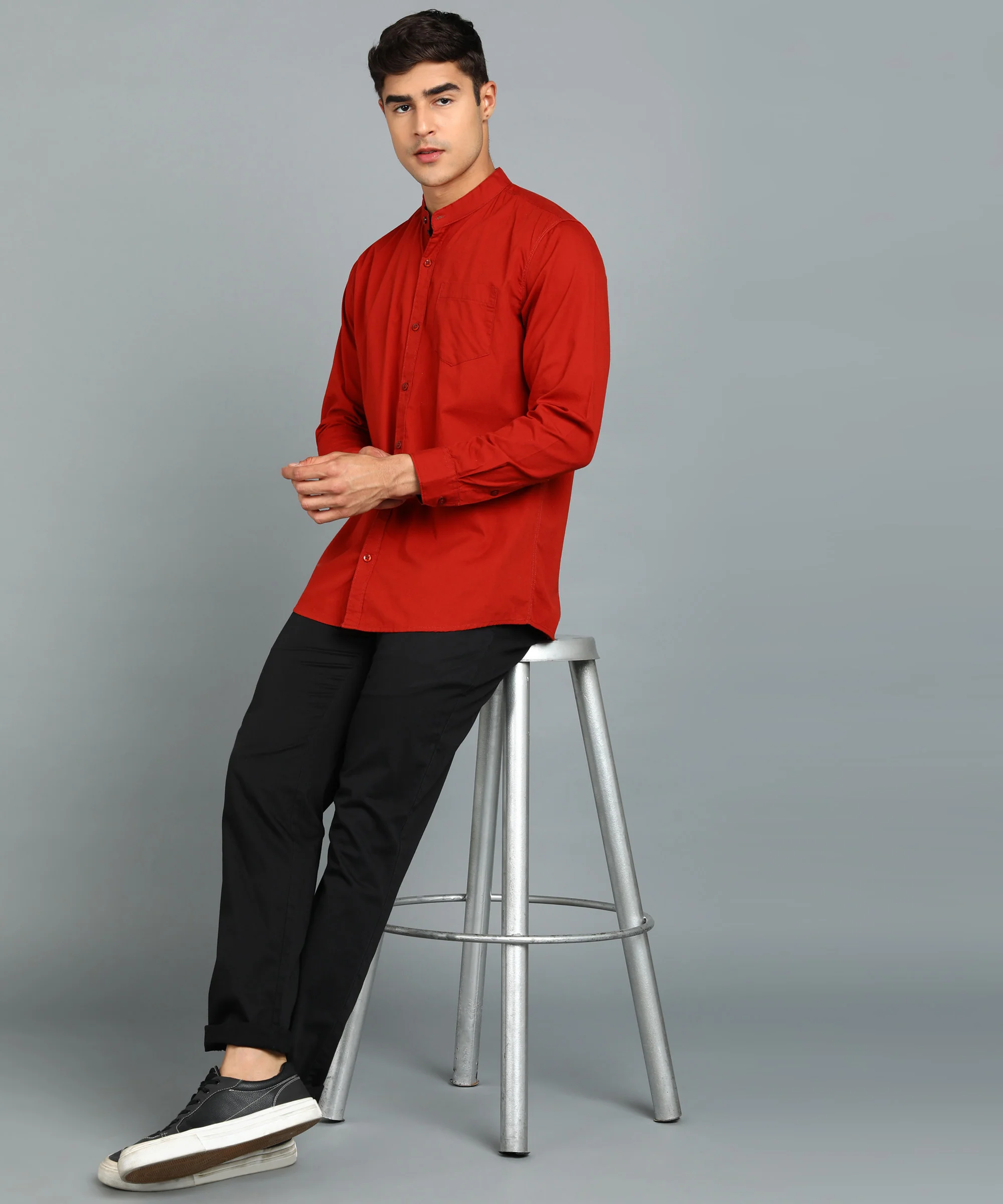 Men's Maroon Blue Cotton Full Sleeve Slim Fit Solid Shirt with Mandarin Collar - Image 4