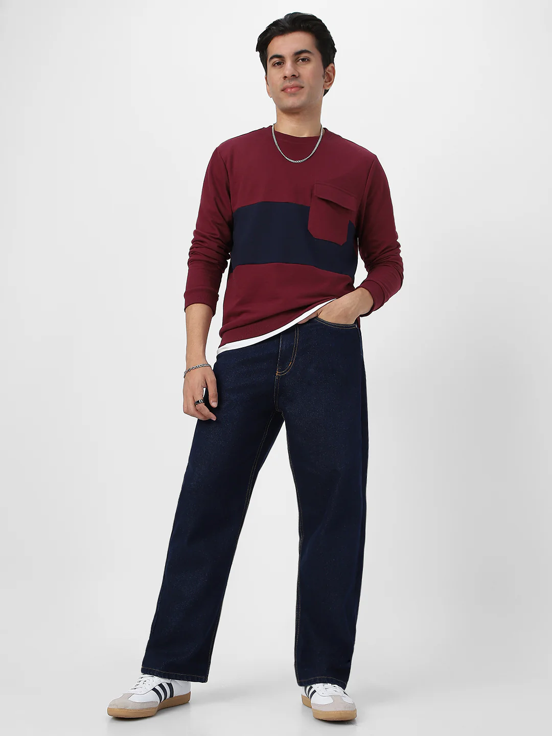 Men's Maroon Cotton Color Block Round Neck Sweatshirt - Image 4
