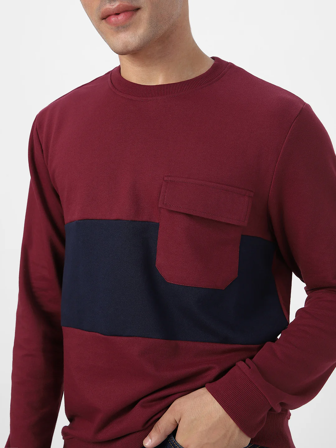 Men's Maroon Cotton Color Block Round Neck Sweatshirt - Image 5