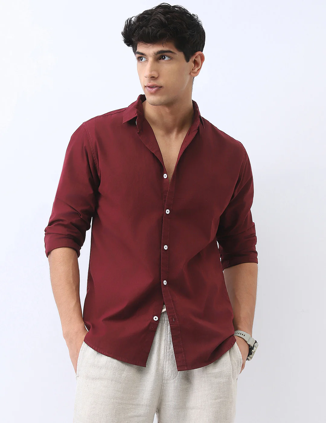 Men's Maroon Cotton Full Sleeve Regular Fit Casual Solid Shirt - Image 2