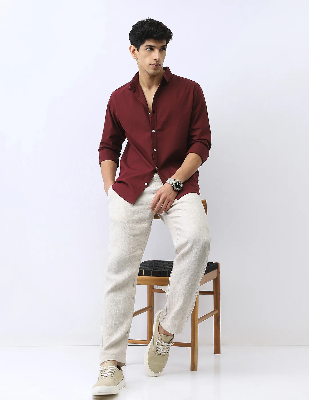 Men's Maroon Cotton Full Sleeve Regular Fit Casual Solid Shirt - Image 4
