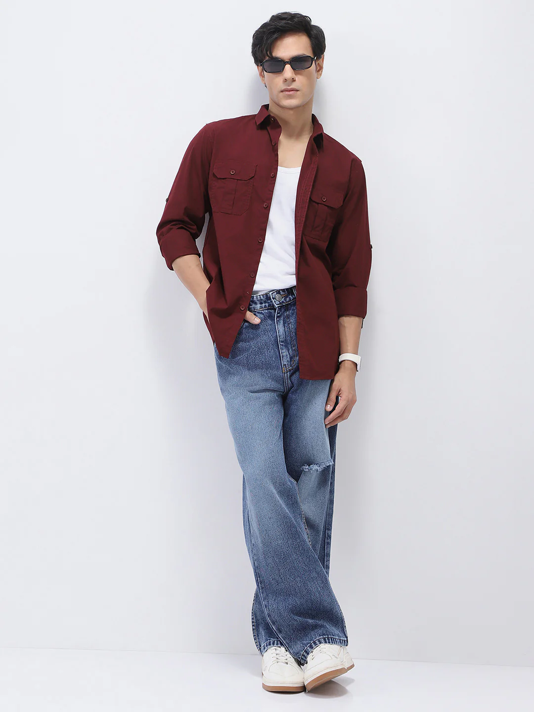 Men's Maroon Cotton Full Sleeve Regular Fit Casual Solid Shirt - Image 4
