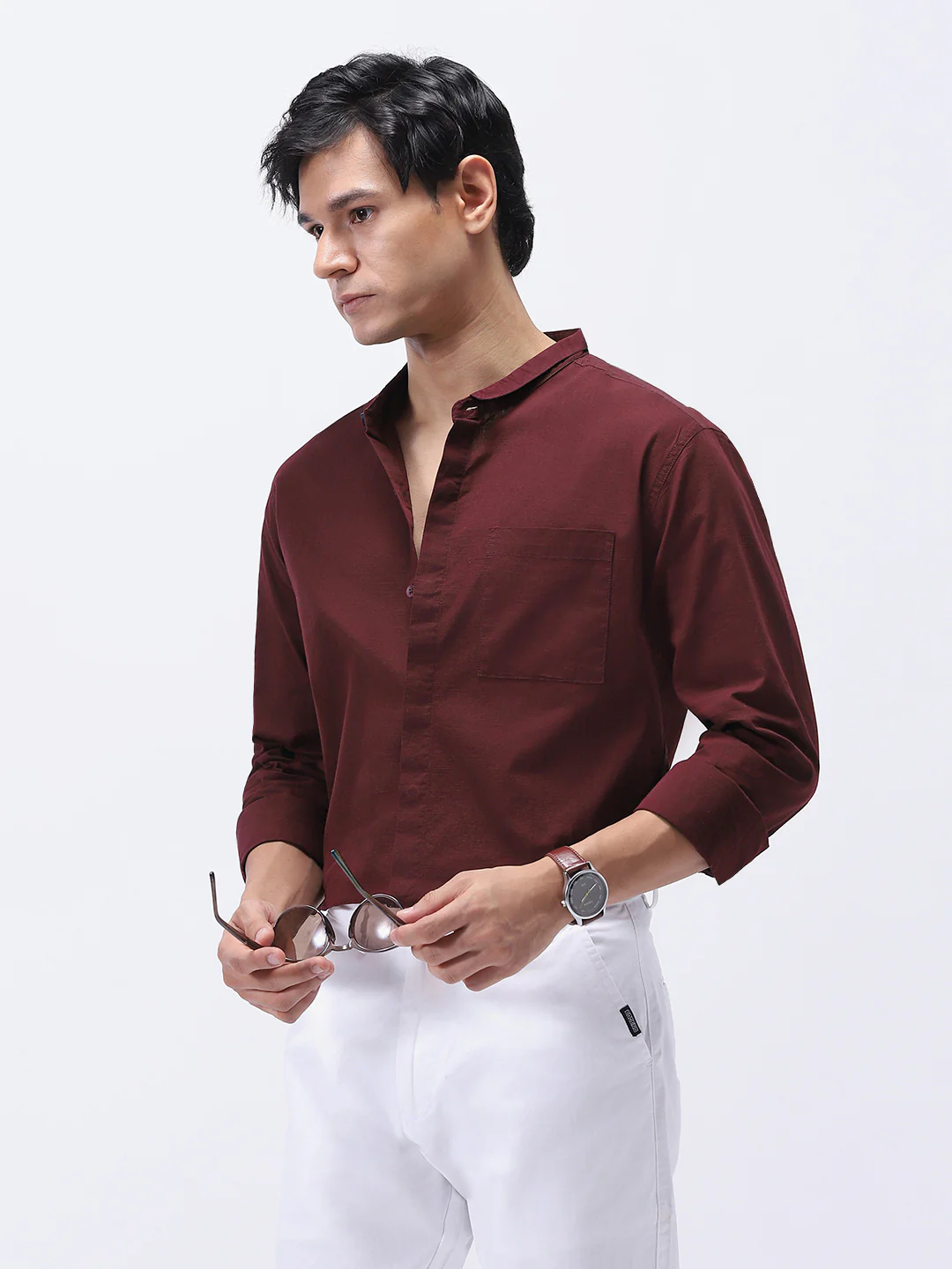 Men's Maroon Cotton Full Sleeve Regular Fit Casual Solid Shirt with Band Collar