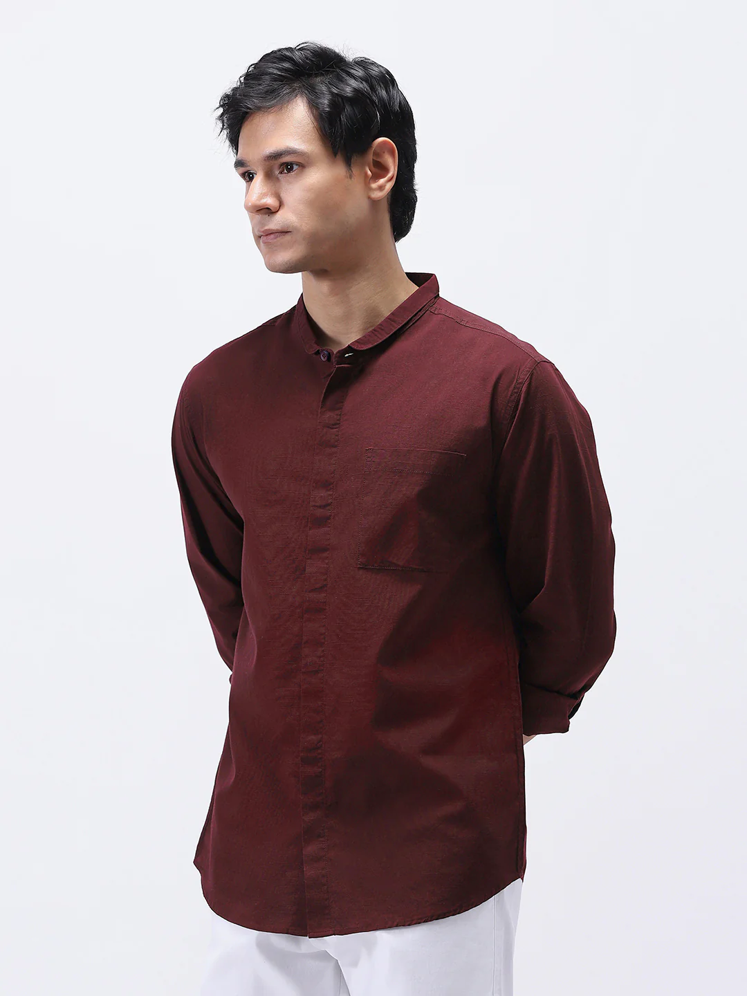 Men's Maroon Cotton Full Sleeve Regular Fit Casual Solid Shirt with Band Collar - Image 2