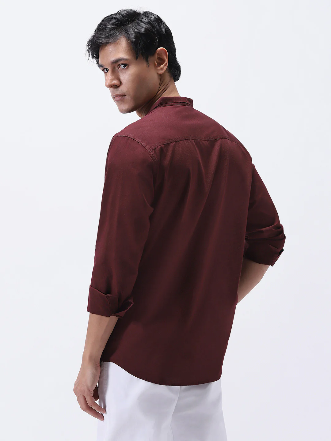 Men's Maroon Cotton Full Sleeve Regular Fit Casual Solid Shirt with Band Collar - Image 3