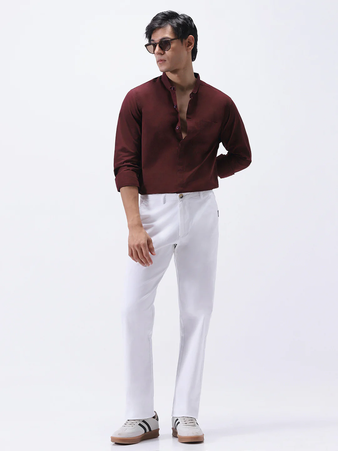 Men's Maroon Cotton Full Sleeve Regular Fit Casual Solid Shirt with Band Collar - Image 4