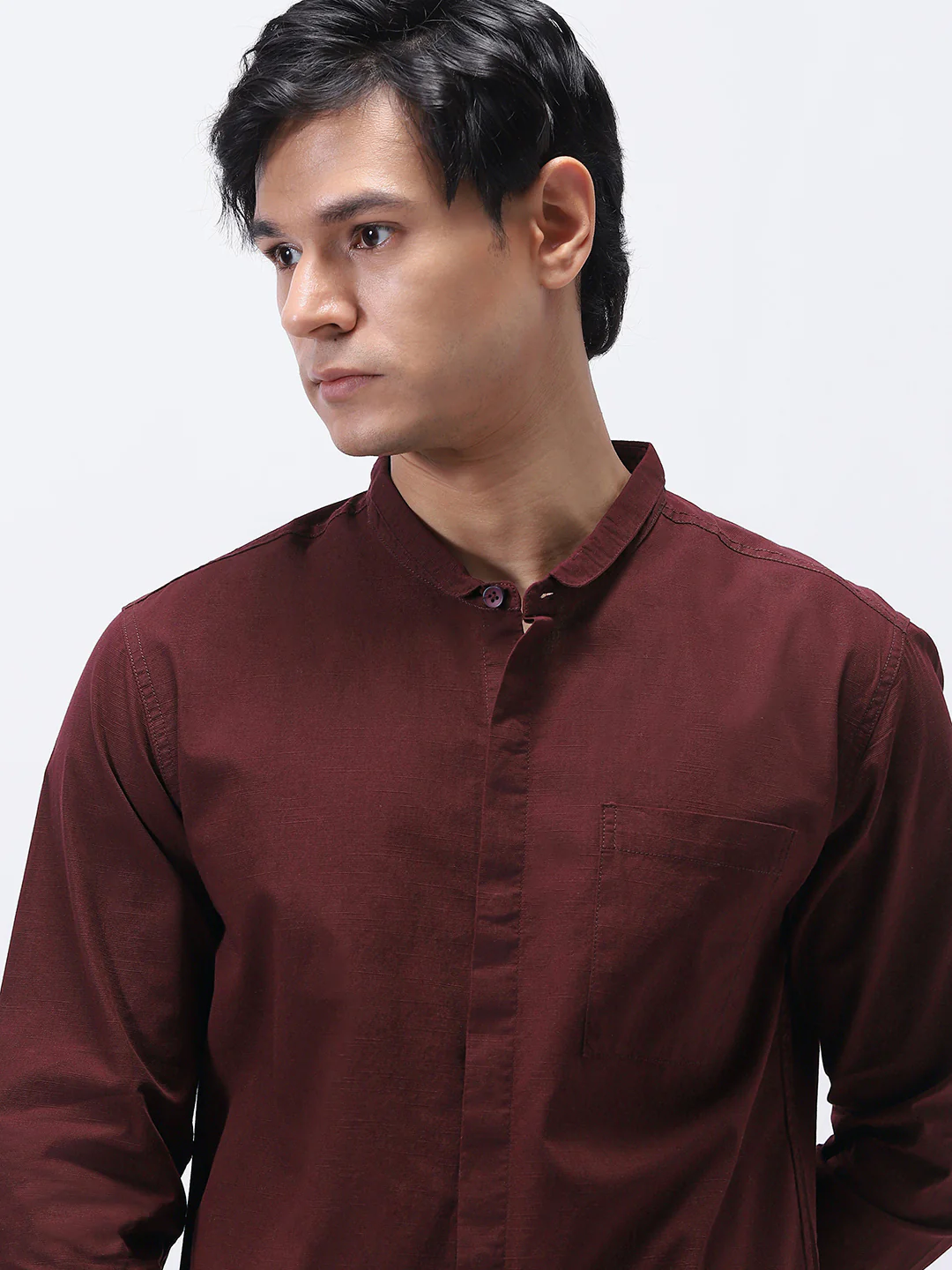 Men's Maroon Cotton Full Sleeve Regular Fit Casual Solid Shirt with Band Collar - Image 5