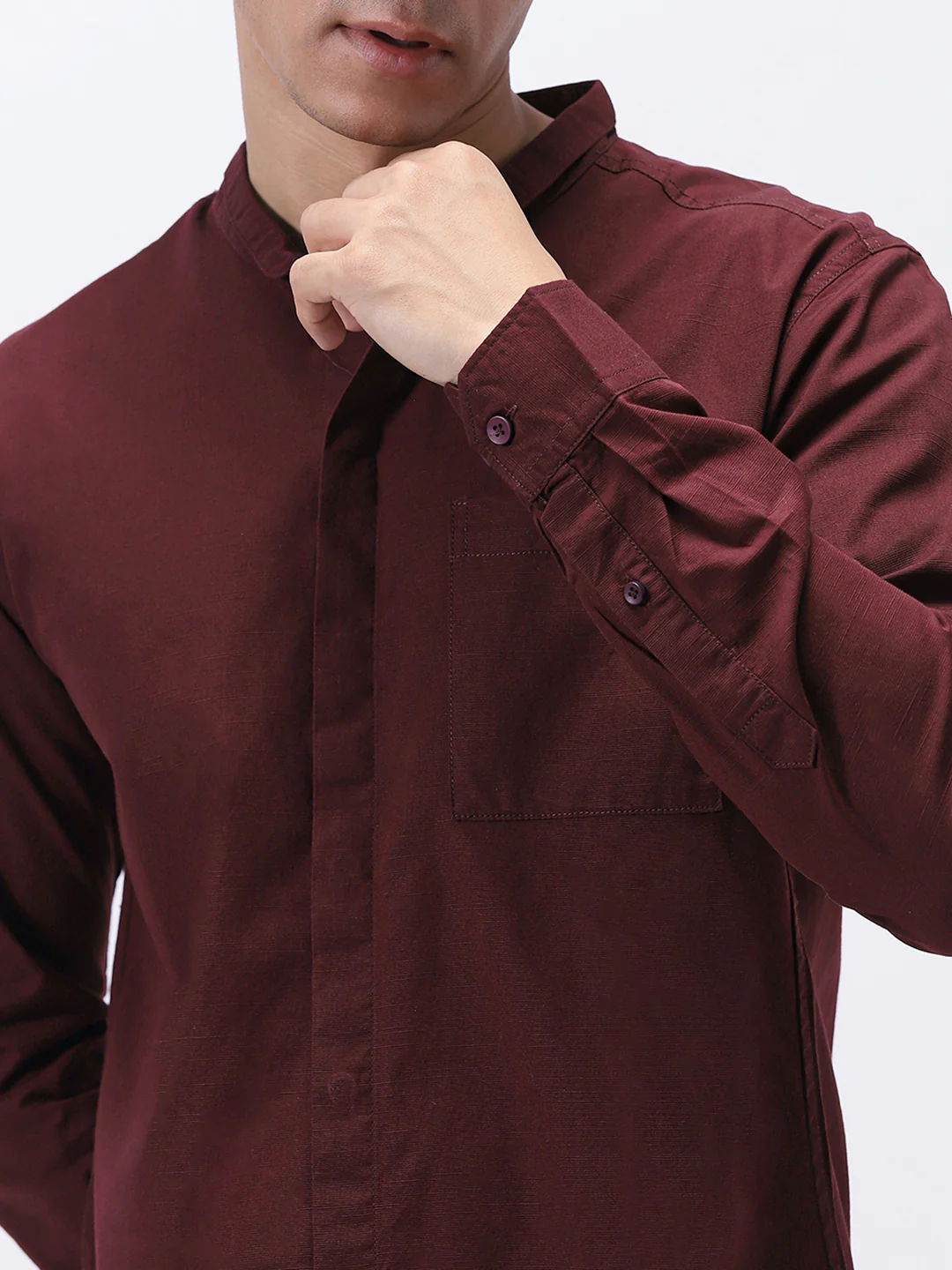 Men's Maroon Cotton Full Sleeve Regular Fit Casual Solid Shirt with Band Collar - Image 6