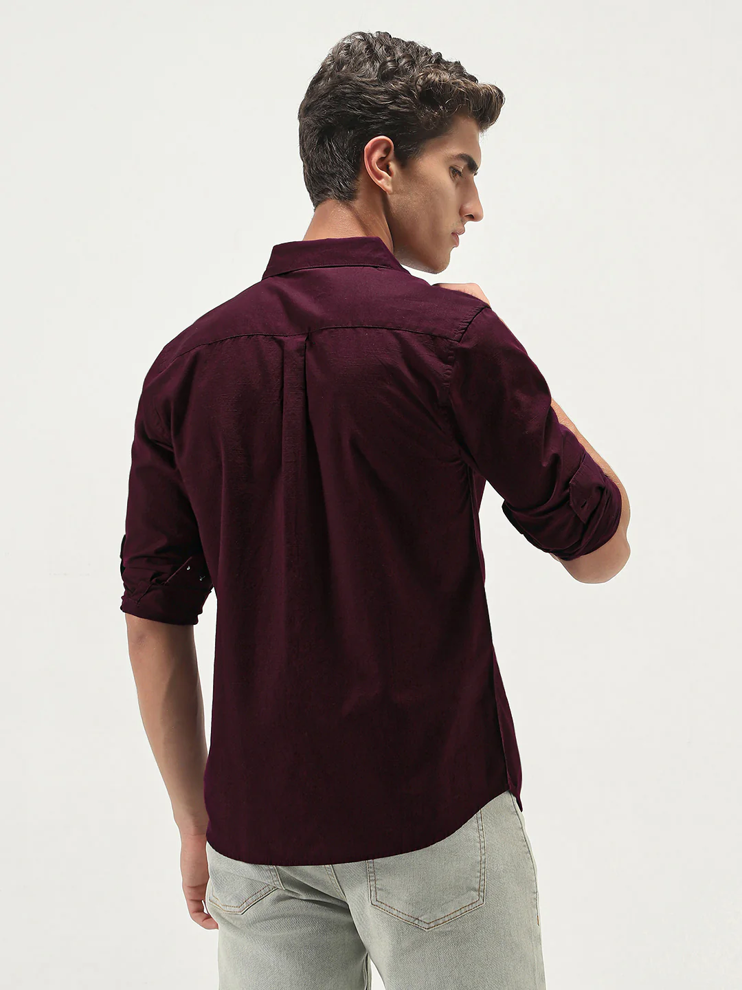 Men's Maroon Cotton Full Sleeve Regular Fit Casual Solid Slub Shirt with Spread Collar - Image 3