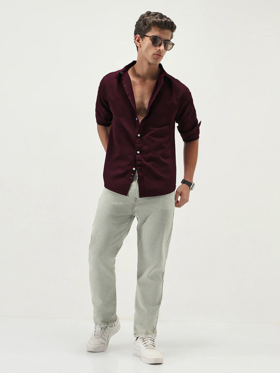 Men's Maroon Cotton Full Sleeve Regular Fit Casual Solid Slub Shirt with Spread Collar - Image 4