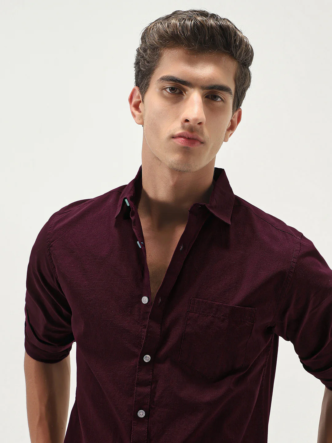 Men's Maroon Cotton Full Sleeve Regular Fit Casual Solid Slub Shirt with Spread Collar - Image 5
